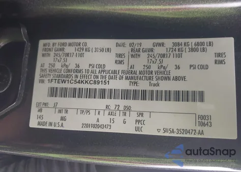 2019 Ford F-150 Xlt z USA, uszkodzony, nr VIN 1FTEW1C54KKC89151